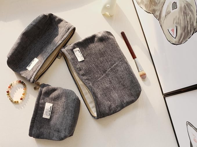 HAPPYHEIDI Gray Velvet Corduroy Makeup Bag Set 3 with Compartment Women Girls Cosmetic Toiletry Pouch,Travel Accessory Organizer, 3-Size, Canvas Lined