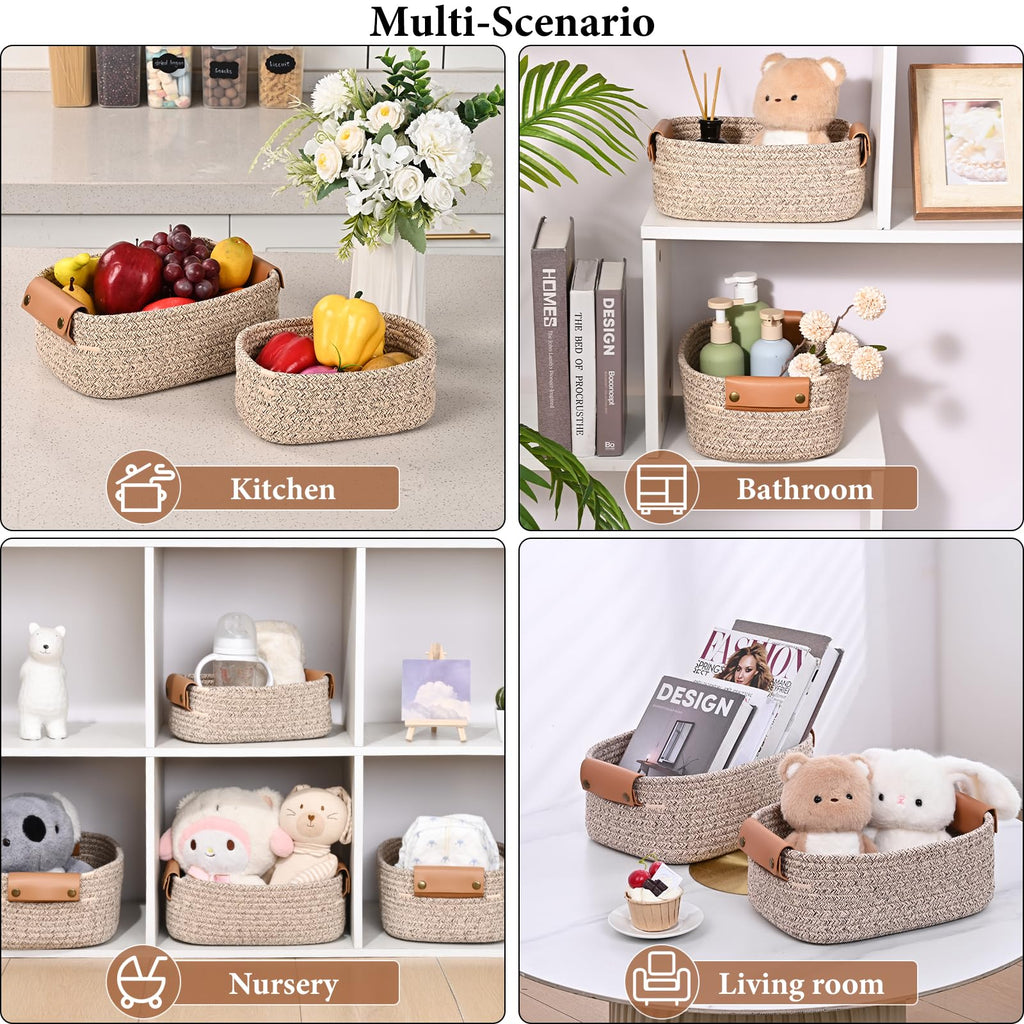 Storage Baskets for Organizing, Small Woven Basket Set of 6-4 Shelf Basket with Leather Handle and 2 Small Gift Baskets, Cotton Rope Basket for Shelves, Nursery, Dog Toy, Bathroom