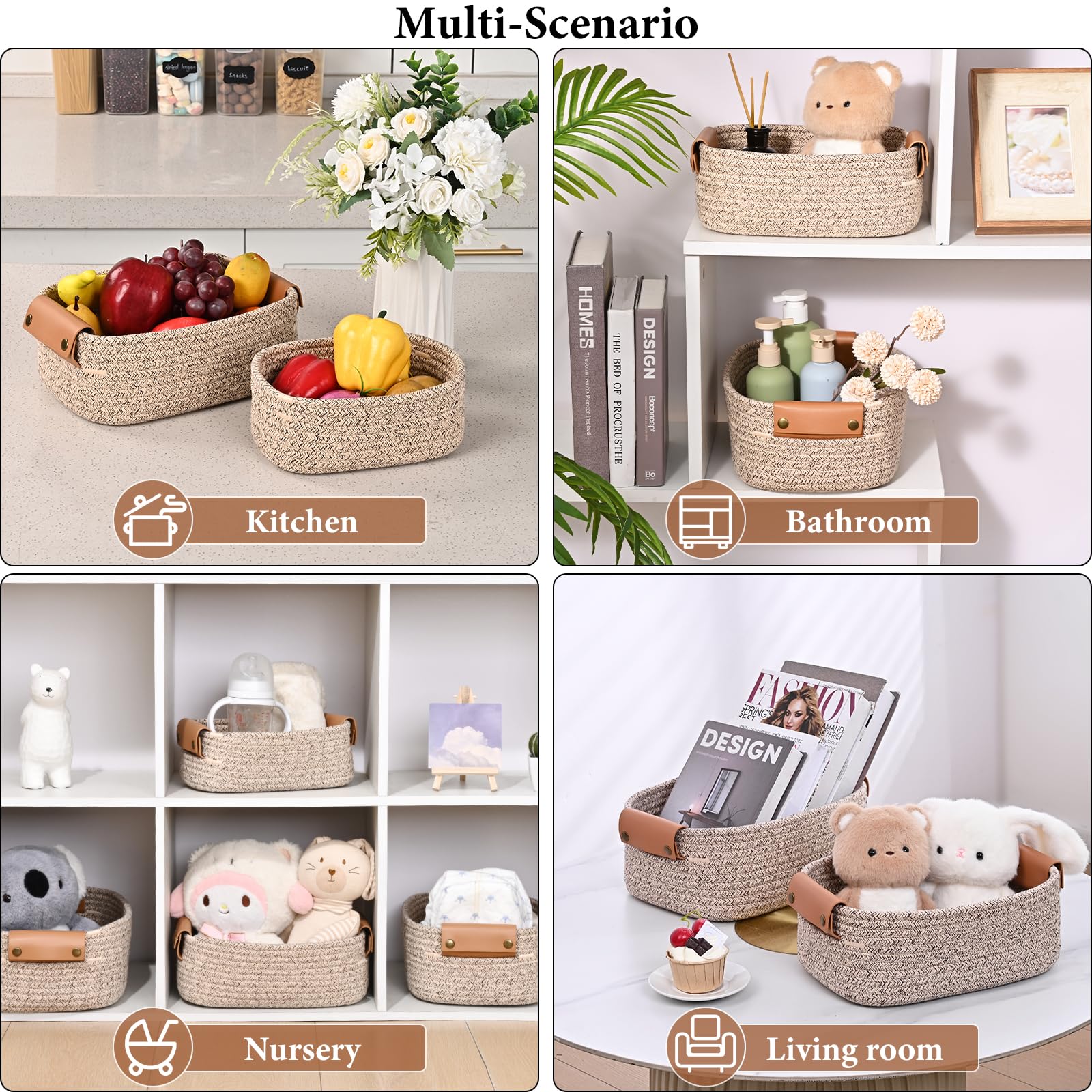 Storage Baskets for Organizing, Small Woven Basket Set of 6-4 Shelf Basket with Leather Handle and 2 Small Gift Baskets, Cotton Rope Basket for Shelves, Nursery, Dog Toy, Bathroom