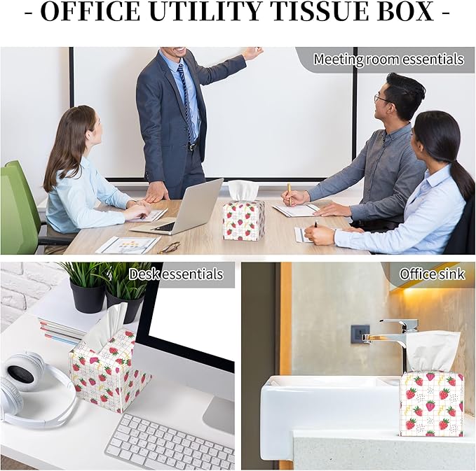 Cute Pink Strawberries Tissue Box Cover Square,Cartoon Strawberry Fruits Tissue Box Holder Waterproof Leather Facial Paper Organizer Dispenser for Bathroom Home Car Nightstand Vanity Desk