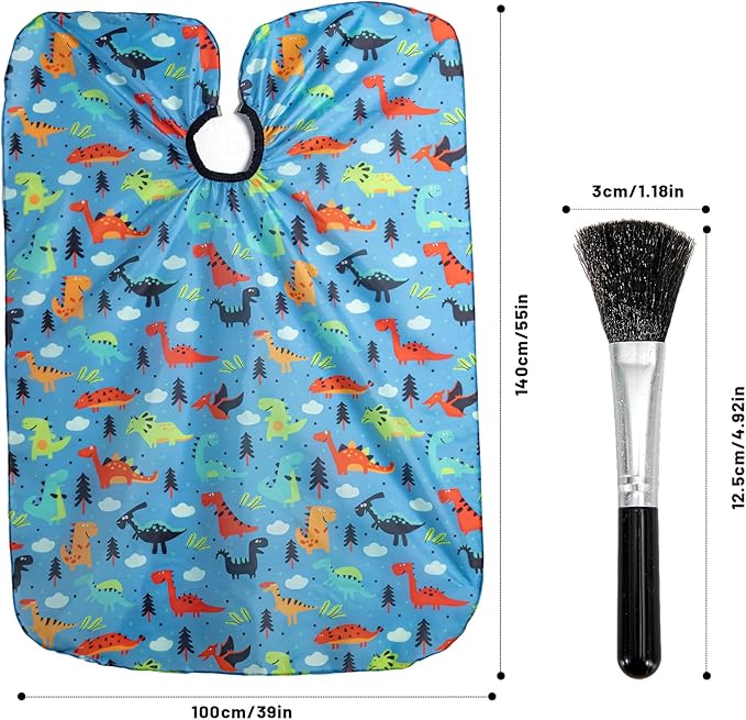 Gealaek Kids Haircut Cape and Neck Duster Brush Set with Dinosaur Pattern Kids Barber Cape 55x40 Inches for Boys & Girls Salon Cape Kit (Blue)