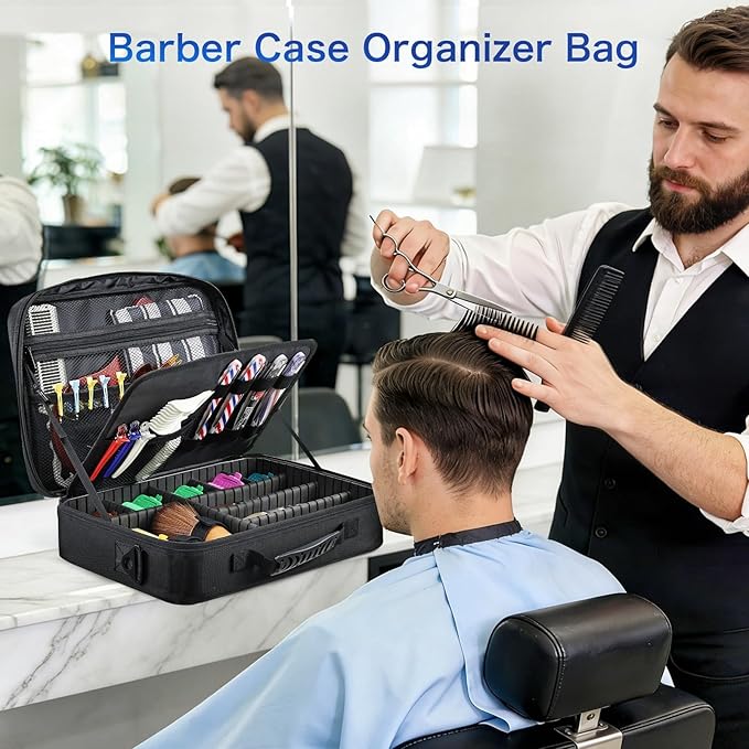 Yueieoun Professional Barber Clipper Case Organizer Bag with Adjustable Dividers, Detachable 6-Slot Scissors Panel, Travel Grooming Tool Storage - Fits Wahl/Andis/Hatteker