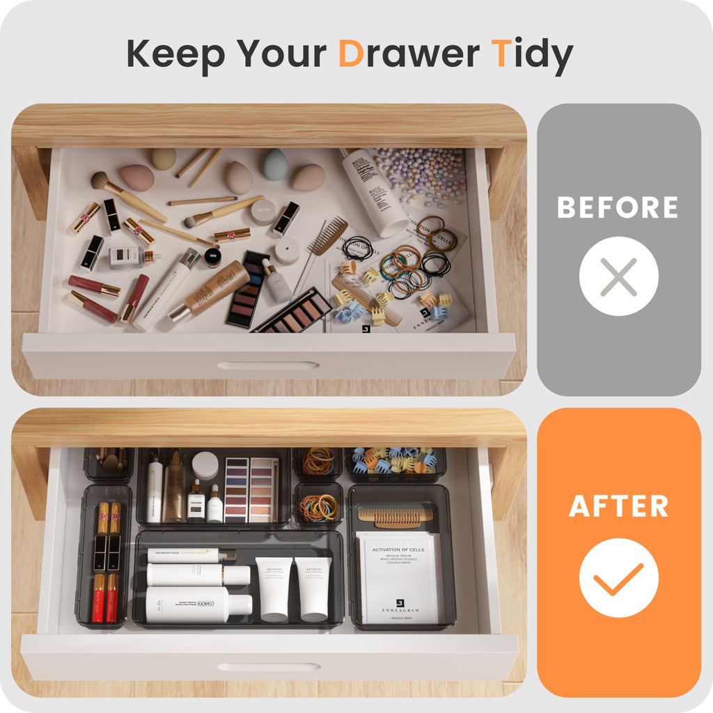 A-LuGei 【Military Grade】 Drawer Organizer,【𝟱𝗦𝗶𝘇𝗲】 Makeup organizer,【Holds 177 Items】 Bathroom Organizers and Storage,Organization and Storage,Desk Drawer Organizer for Vanity【Clear Black】