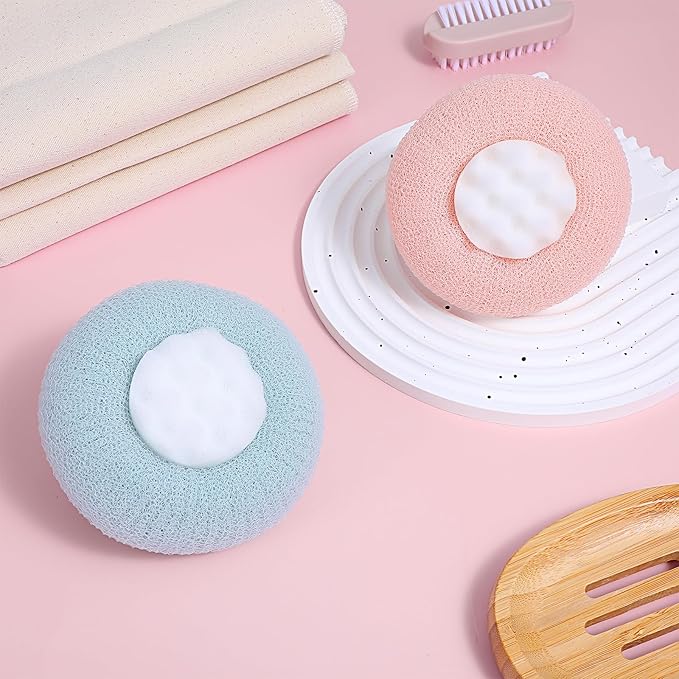 Ptwola 2 Pcs Soft Sunflower Suction Cup Bath Exfoliating Sponge Ball Bath Body Brush Mesh Bath Sponge Cleaning Scrubber Bath Sponge Brush with Comfortable Non-Slip Handle
