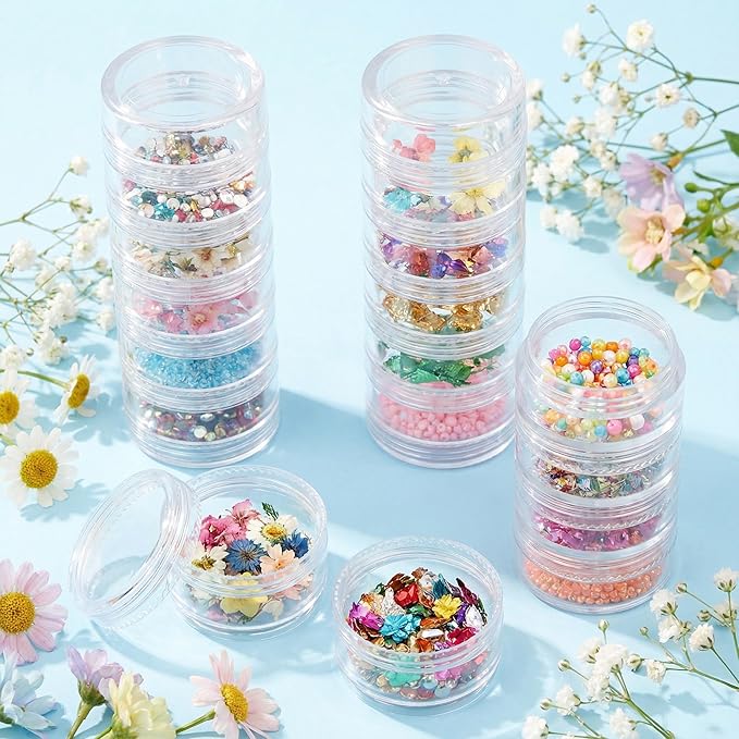 Fengek 6 Sets 6 Layer Stackable Plastic Containers, 10G/10ML Clear Cosmetic Storage Box Round Organizer Jars for Beads, Buttons, Small Jewelry Findings