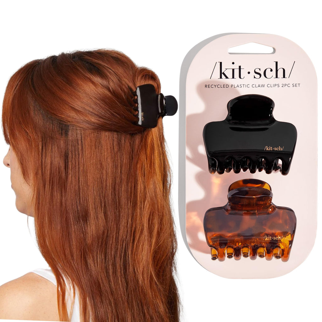 Kitsch Medium Claw Clips for Women - Strong Hold & Stylish Glossy Puffy Design Hair Accessories | Half-Up or Full Updos - 2pc Set, Black & Tort