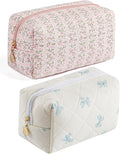 HHQQWZ Makeup Bag Travel Cosmetic Bag for Women Girls, Zipper Make Up Pouch, Floral Flowers Toiletry Organizer Makeup, Portable Storage Cosmetic Travel Cloth Bag (Pink+Blue Bow Tie)