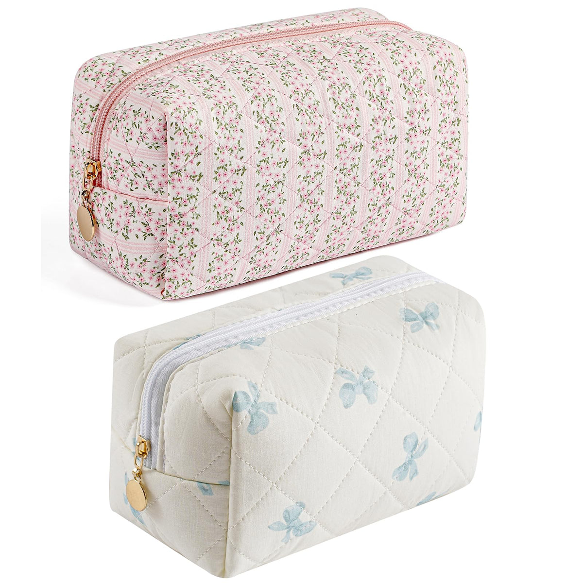 HHQQWZ Makeup Bag Travel Cosmetic Bag for Women Girls, Zipper Make Up Pouch, Floral Flowers Toiletry Organizer Makeup, Portable Storage Cosmetic Travel Cloth Bag (L/Blue Floral)