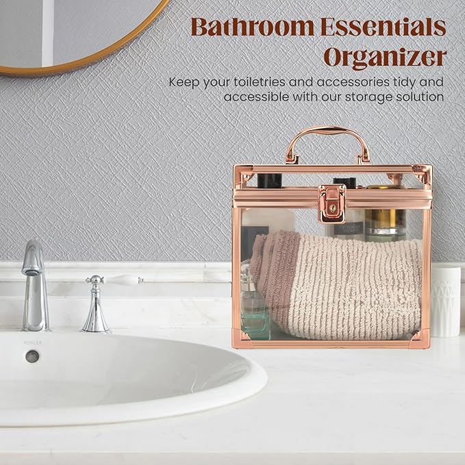 Donghome Crown Box 7.9 x 6.7 x 7.5inch, Clear Makeup Case,Cosmetic Organizer, Large Capacity Transparent Acrylic Artists Display Case for Vanity,Bathroom Counter or Dresser (Rose Gold)