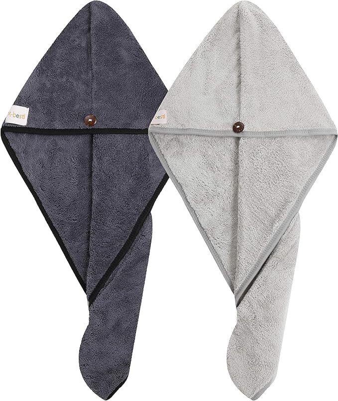 M-bestl 2 Pack Hair Drying Towels, Anti-frizz Hair Towel Wrap, Absorbent Microfiber Hair Towel Turban with Button Design for Straight Curly Hair (Dark Gray&Light Gray)