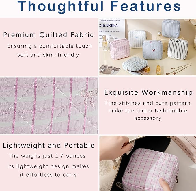 RSRSLEII Small Quilted Striped Cosmetic Pouch for Purse, Mini Cotton Makeup Bag with Compartments, Cute Zipper Lipstick Holder for Women (23 Pink Stripes)