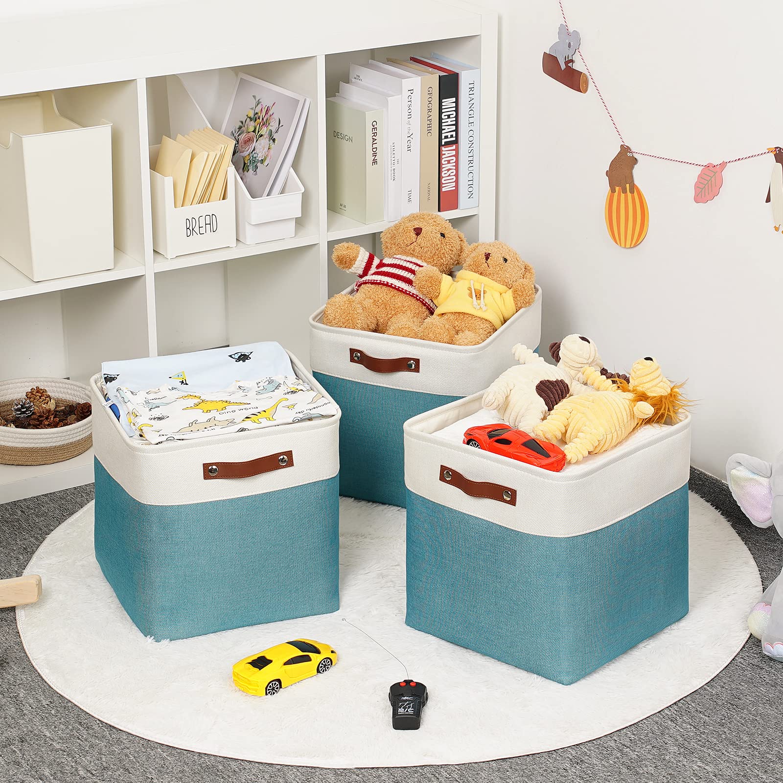 HNZIGE Cube Storage Baskets for Shelves Foldable Storage cubes Baskets(3 Pack) Cube Storage Bin,13 Inch Storage Basket for Organizing with Leather Handles for Toys, Clothes, Kids, Closet (White&Teal)