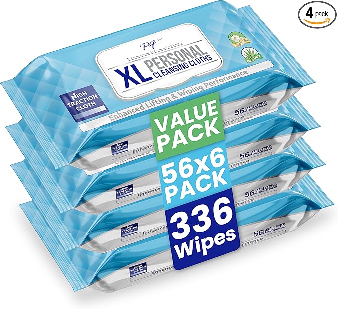 Premium Formulations XL Adult Wipes – (4 Packs x 56 Wipes = 224 Wipes) High Traction, Uber Thick & Extra Large Wash Cloths | Disposable Incontinence Wipes with Aloe for Elderly Care & Hygiene