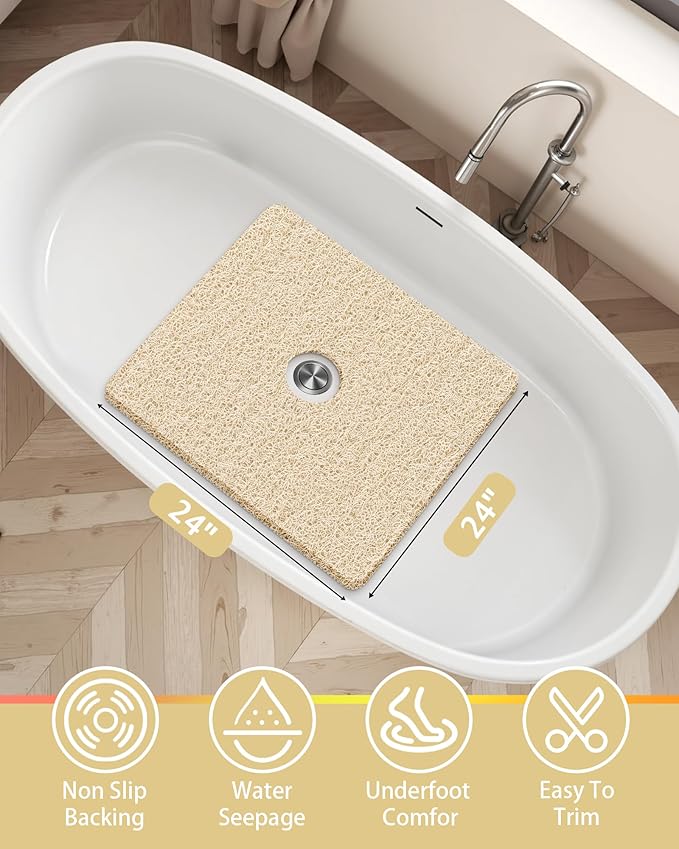 Beige Non Slip Square Shower Mat 24x24 Inch for Bathtub and Shower, Anti Slip Bath Mat for Textured Surfaces, Loofah Foot Scrubber, Safety Mat for Walk in and Stand Up Showers, Quick Drying