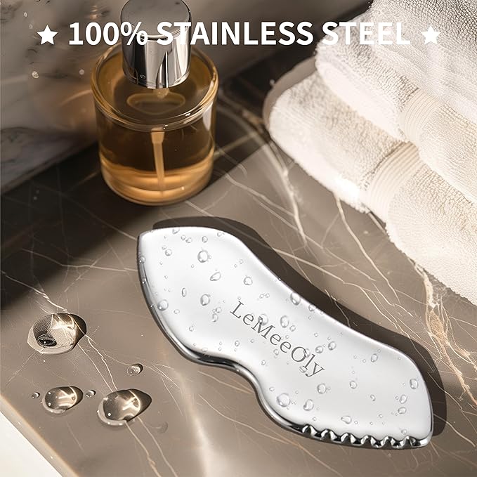LeMeeOly Gua Sha Facial Tools Stainless Steel & Compressed Facial Sponges, Detail Metal GuaSha and Natural Spa Sponges for Facial Cleansing Skin Care，Guasha Stone Face Sculpting Tool