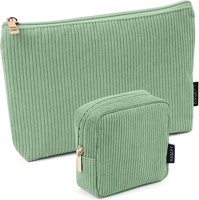 MAGEFY Small Makeup Bag, 2 Pcs Corduroy Makeup Bag for Purse Make Up Organizer Bag Mini Pouch with Slip-in Pockets Aesthetic Preppy Stuff - Green
