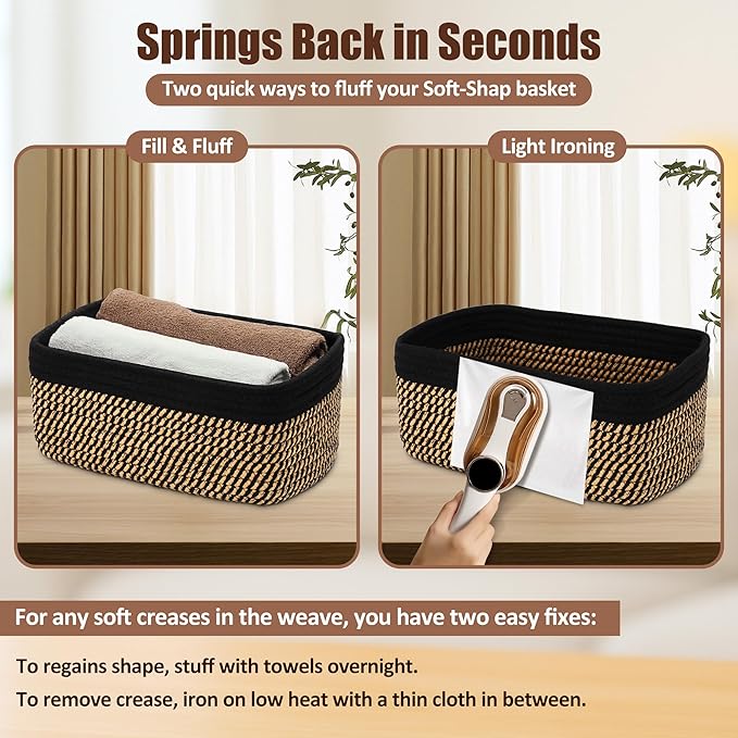 VIRETH HAUS 5-Pack Small Woven Rope Storage Baskets – 2 Sizes Organizer Bins for Closet, Shelf, Bookshelf, Nursery, Changing Table, Fabric Cube Boxes, Rectangular Shallow Bins for Bathroom, Toy & Home