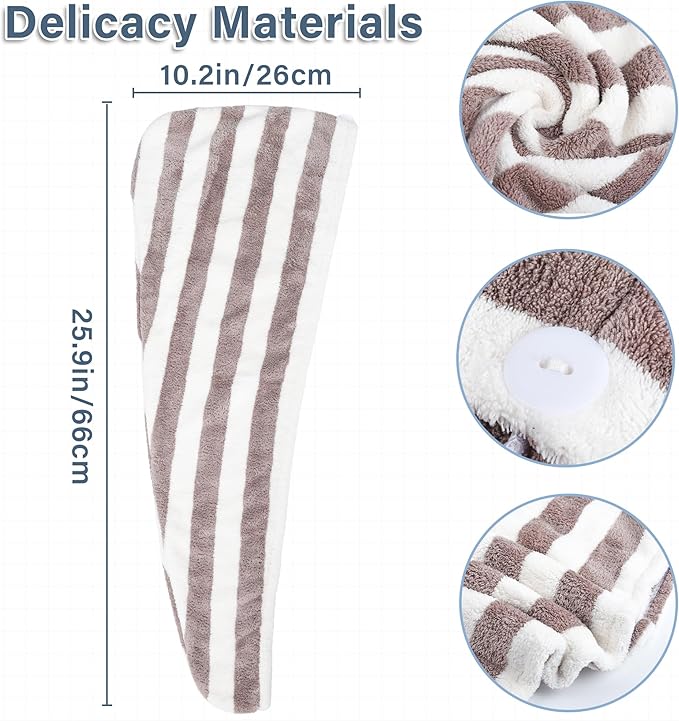 Microfiber Hair Towel Wrap, Quick Dry Hair Turbans with Button, Ultra Soft Thickening Coral Fleece Dry Hair Cap, Anti Frizz Hair Turban Towel for Curly Long Thick Hair