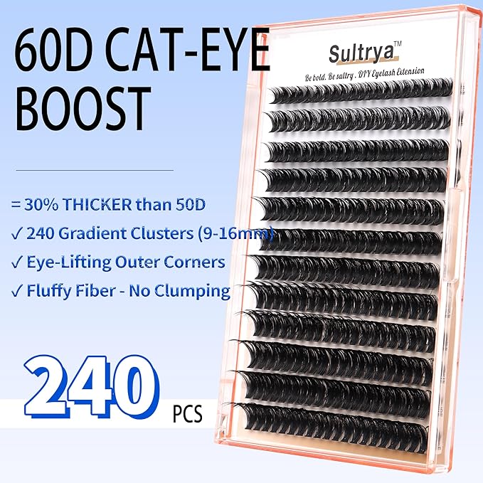 Lash Clusters 12-Row 9-16mm Volume Lashes 30D-80D Options 240pcs False Eyelashes DIY Eyelash Extensions for Dense Volume Look Black (60D)
