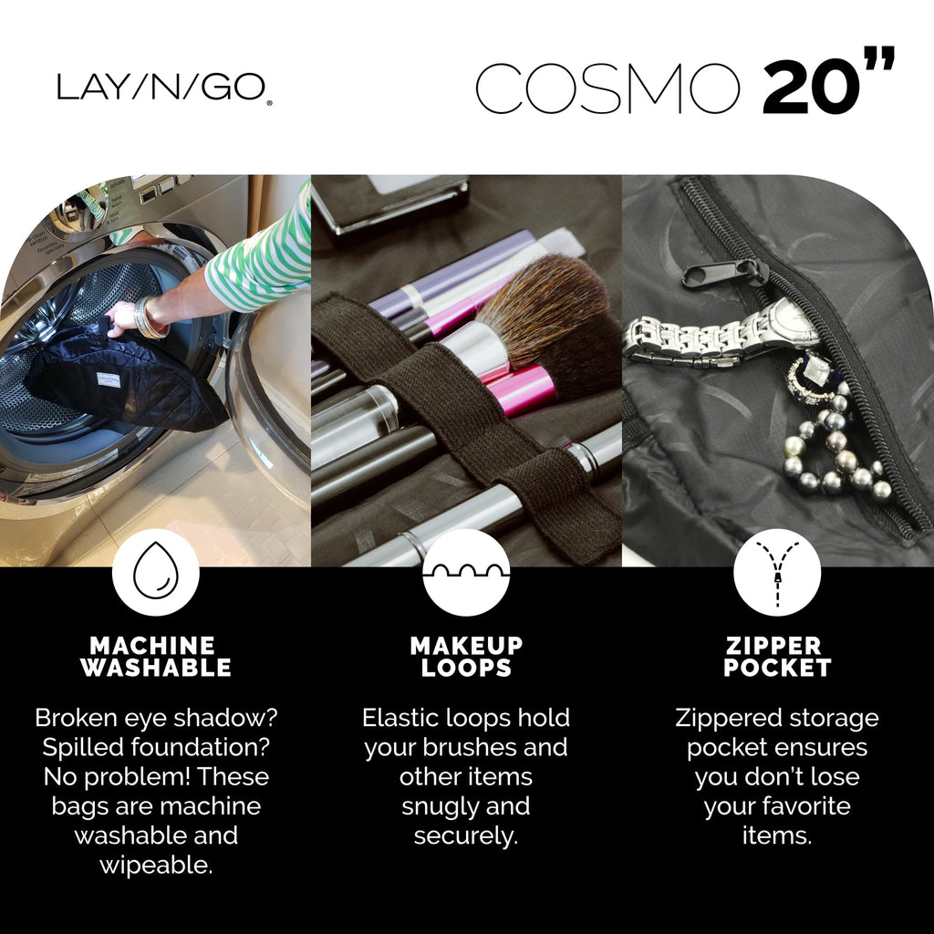 Lay-n-Go Cosmo Drawstring Cosmetic & Makeup Bag Organizer - Portable Drawstring Makeup Bag w/Zipper Pocket, Makeup Loops & More - Durable, Machine Washable Toiletry Bag (20", Blue Snakeskin)