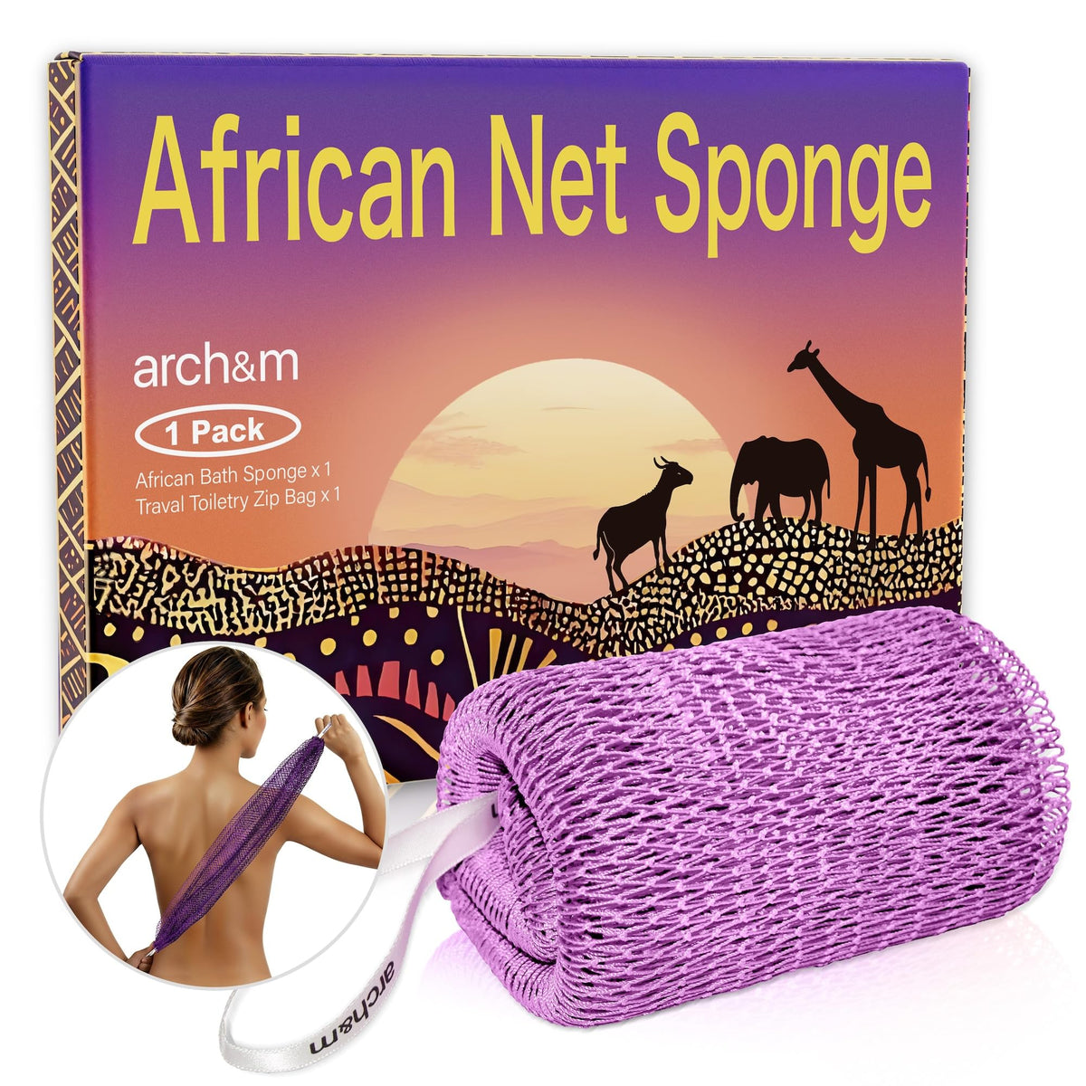 ARCH&M African Net Sponge Authentic with Knots, 2 Pack 53" Extra-Long