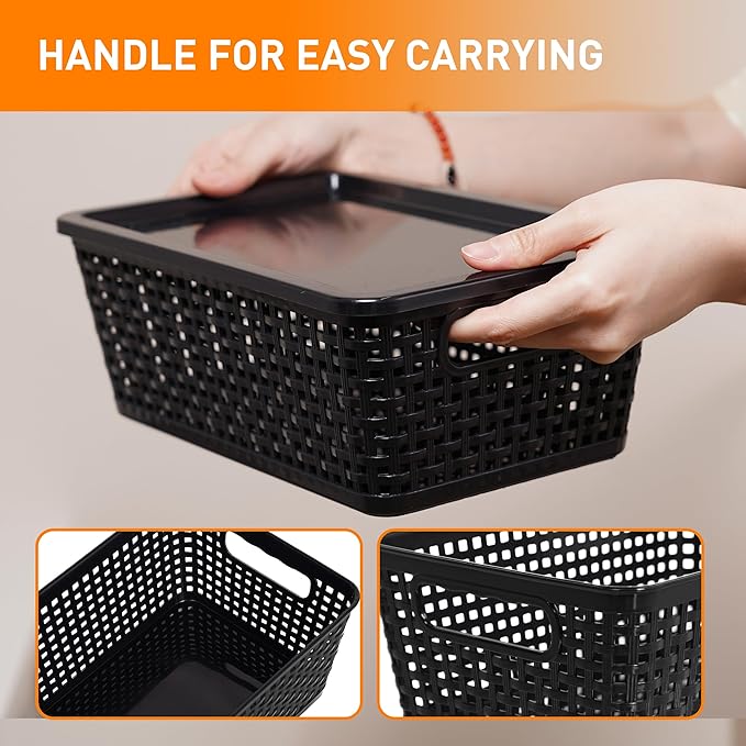 Anywish Plastic Storage Baskets With Lid, Storage Bins for Organizing, Stackable Decorative Containers for Shelves Drawers Desktop Closet Playroom Classroom Office,10 Pack-Black