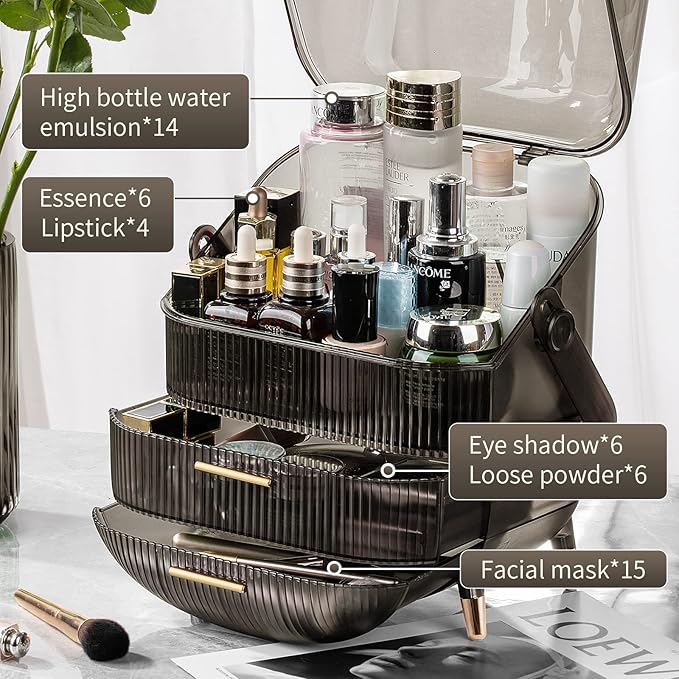CANITORON Makeup Organizer,Large Capacity Skincare Organizer for Vanity,Cosmetic Organizer with 2 Drawers and Transparent Cover for Bedroom Countertop and Bathroom Countertop Storage.(Gray)