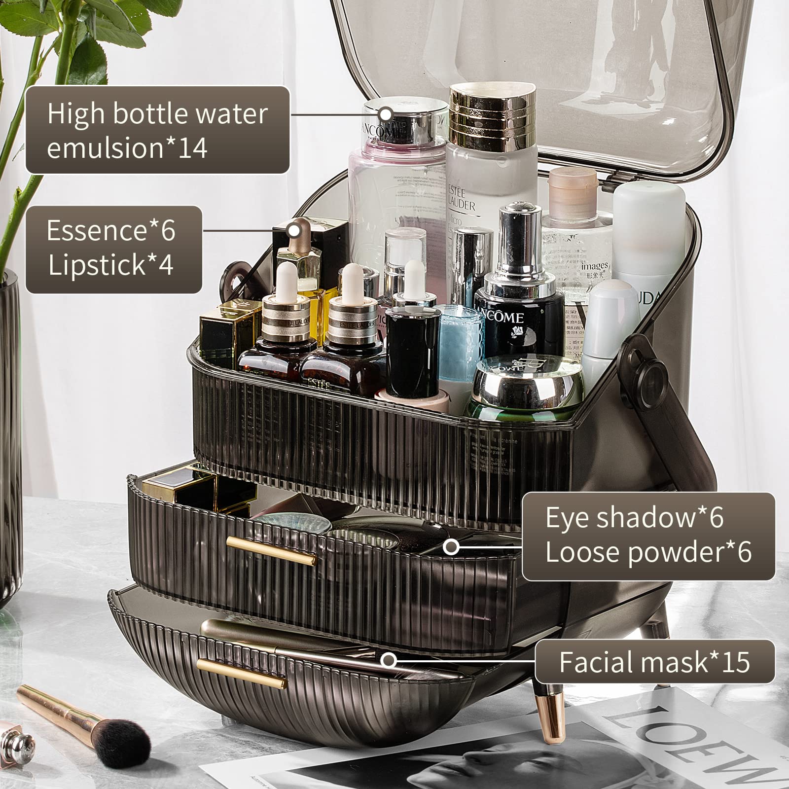 CANITORON Makeup Organizer,Large Capacity Skincare Organizer for Vanity,Cosmetic Organizer with 2 Drawers and Transparent Cover for Bedroom Countertop and Bathroom Countertop Storage.(Gray)