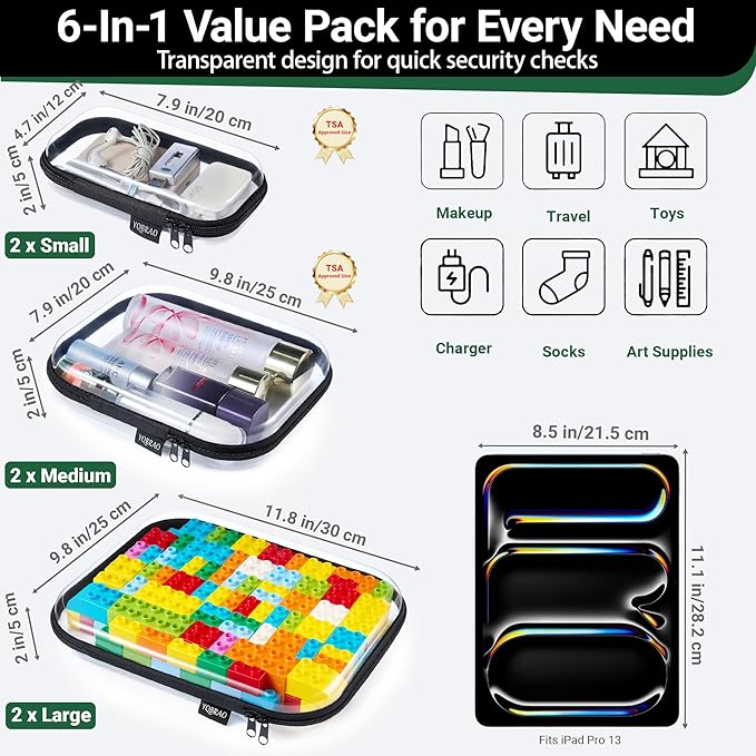 6 Pack Clear Hard Shell Zipper Case, See-Through Hard Plastic Organizer Pouches with Zipper for Travel, Toiletries, Makeup, Electronics & Pencils - Crush-Resistant Storage (Black)