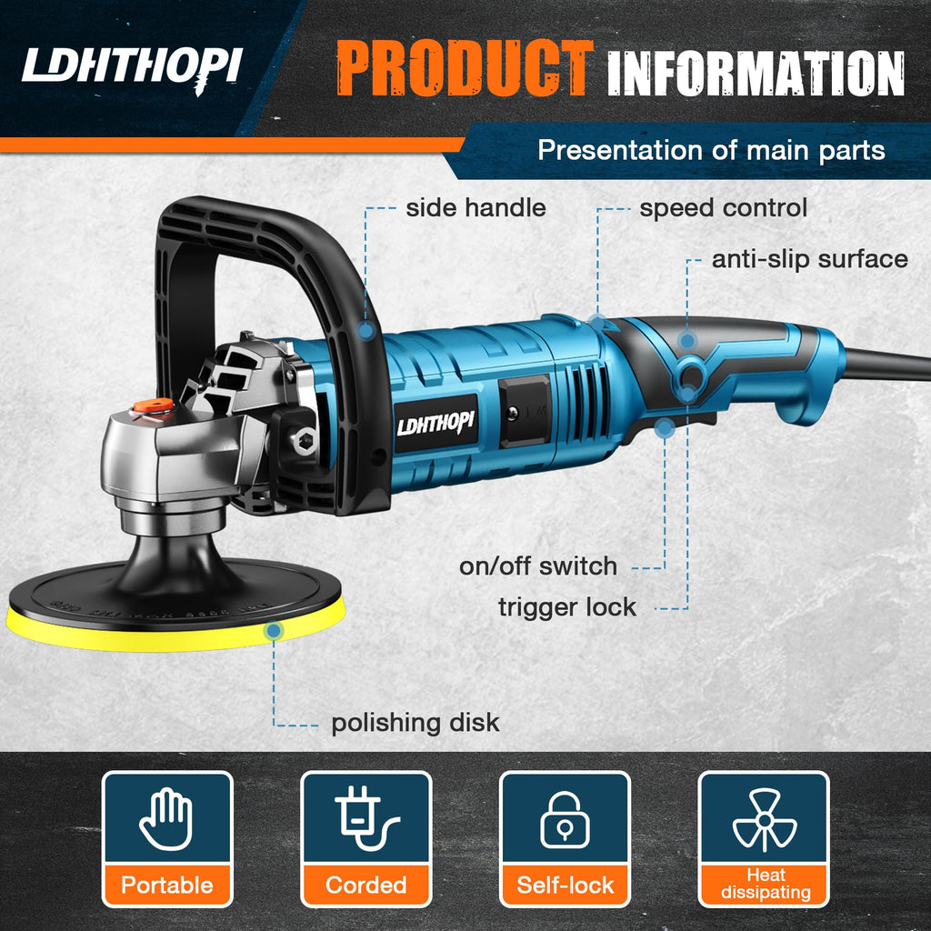 LDHTHOPI Buffer Polisher, 1600W 7 Inch/6 Inch Rotary Buffer Polisher Waxer, 7 Variable Speed 1000-3500 RPM, Detachable Handle for Car, Boat Sanding, Polishing, Waxing, 2026 Upgraded
