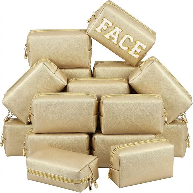 Kigeli Aesthetic Makeup Bags PU Leather Cosmetic Pouches Waterproof Plain Toiletry Bags Makeup Pouches Bulk for Women Party Gift Travel Storage Organizer(Champaign Gold,7.1 x 2.8 x 4.3 in)