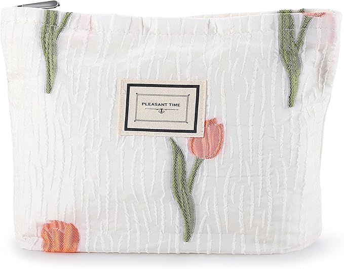 URSKYTOUS Tulip Makeup Bag Travel Cute Floral Cosmetic Bags for Women Large Embroidery Makeup Pouch Zipper Cosmetic Pouch for Purse Aesthetic Make up Organizer Bag Portable Toiletry Bag