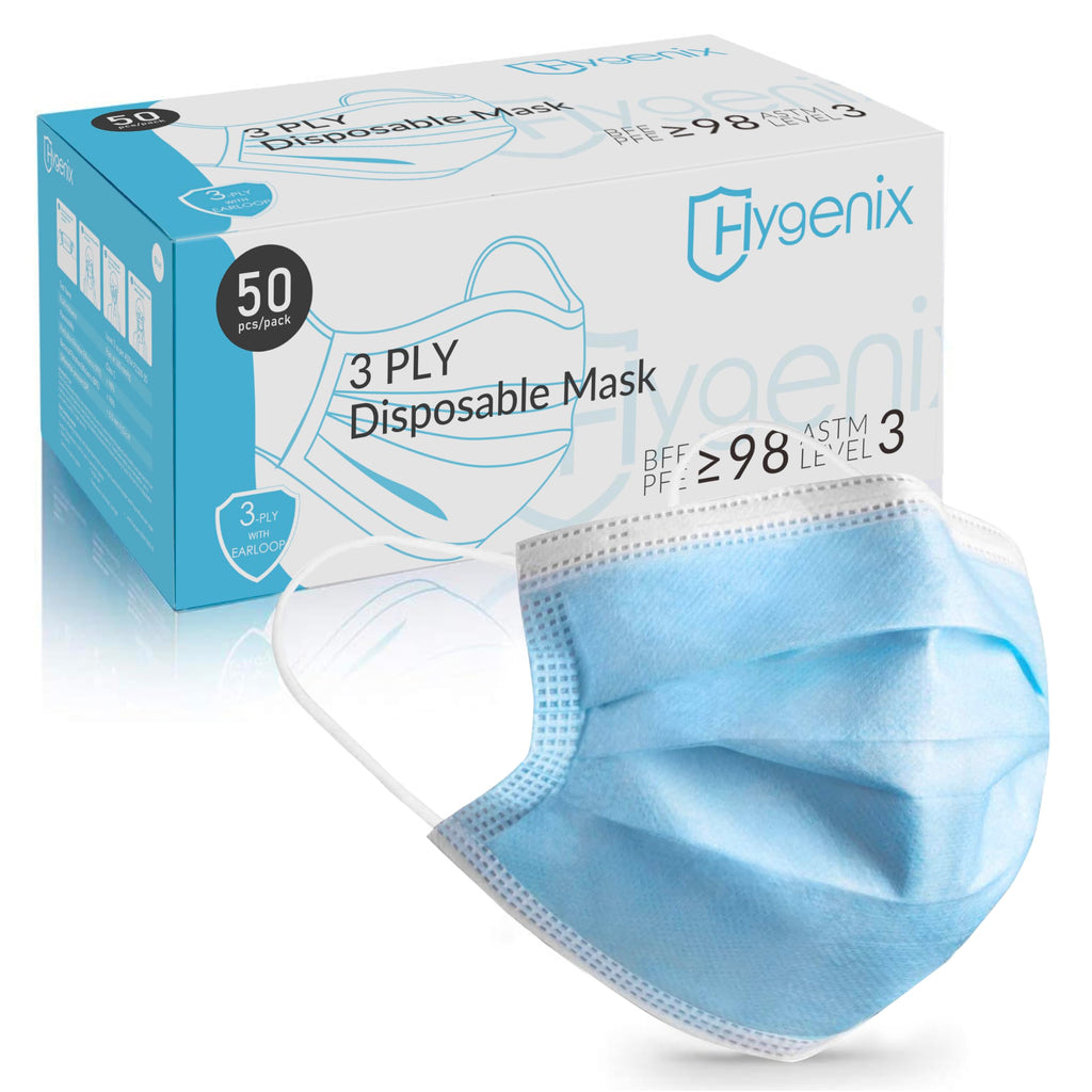 Hygenix FDA Cleared ASTM Level 3 Procedure Face Masks, Made in USA, ≥98% Filtration, Fluid Resistant, 3-Ply Ear Loop, 50 Pack