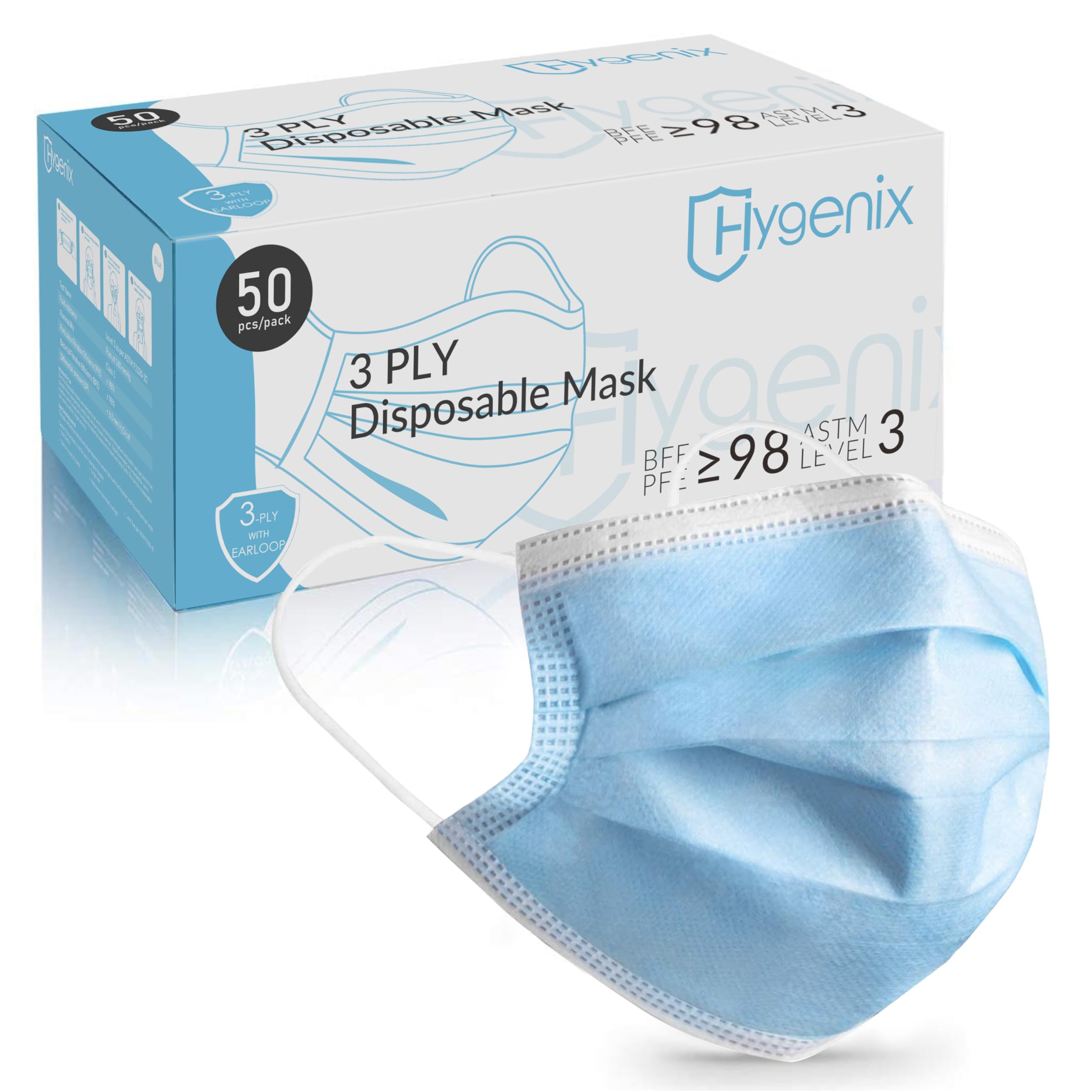 Hygenix FDA Cleared ASTM Level 3 Procedure Face Masks, Made in USA, ≥98% Filtration, Fluid Resistant, 3-Ply Ear Loop, 50 Pack