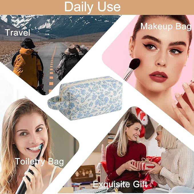 HHQQWZ Makeup Bag Travel Cosmetic Bag for Women, Zipper Make Up Pouch, Floral Flowers Toiletry Organizer Makeup with Handle, Cosmetic Travel Cloth Bag (Blue Floral)