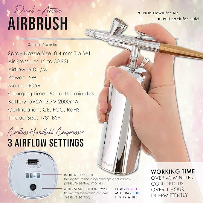 Belloccio Complete Cordless Handheld Airbrush Cosmetic Makeup System with 4 Tan Foundation Shades, Professional 18-Piece Kit, Moisturizing Primer, Blush, Bronzer, Highlighter, Concealer, User Guide