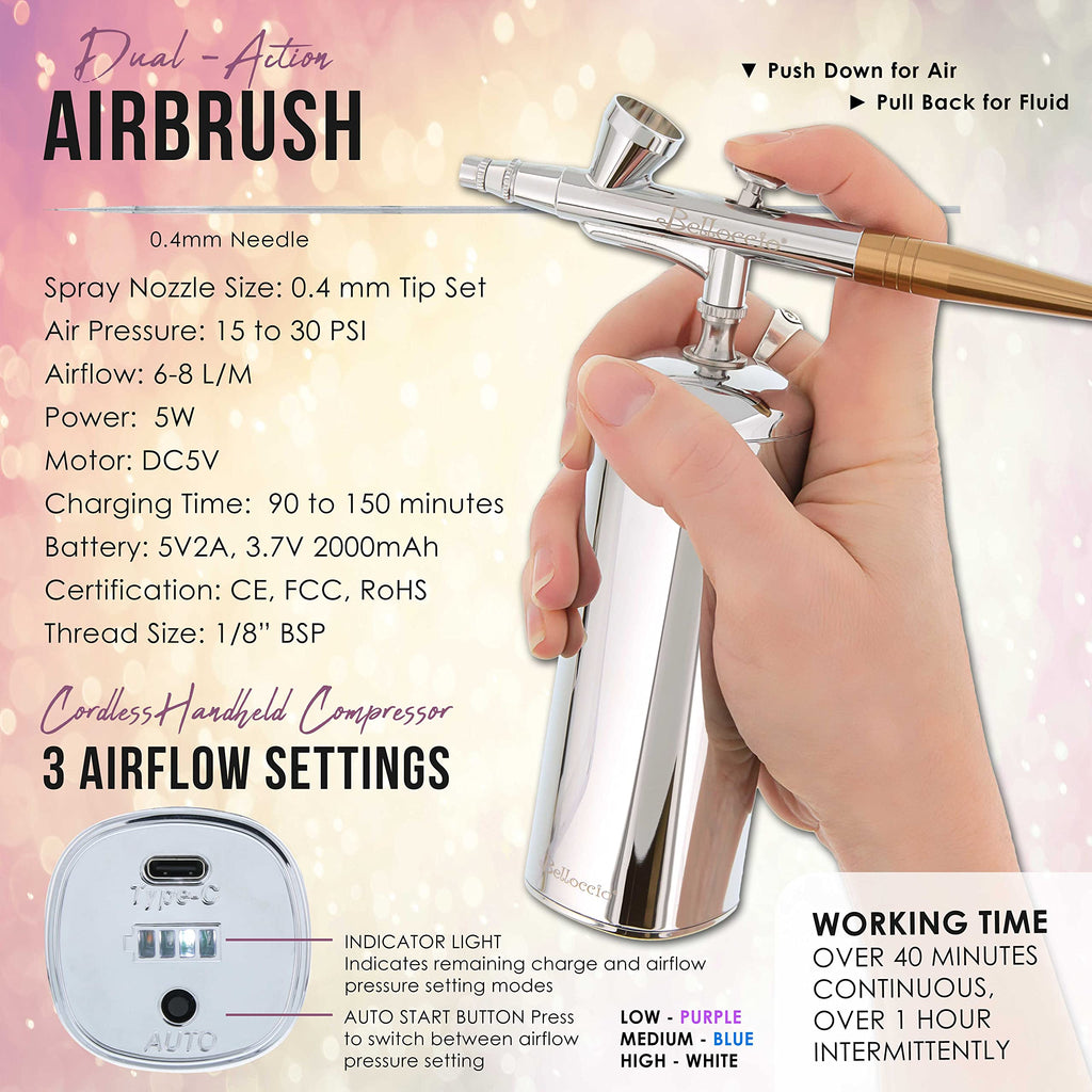 Belloccio Complete Cordless Handheld Airbrush Cosmetic Makeup System with 4 Fair Foundation Shades, Professional 18-Piece Kit, Moisturizing Primer, Blush, Bronzer, Highlighter, Concealer, User Guide