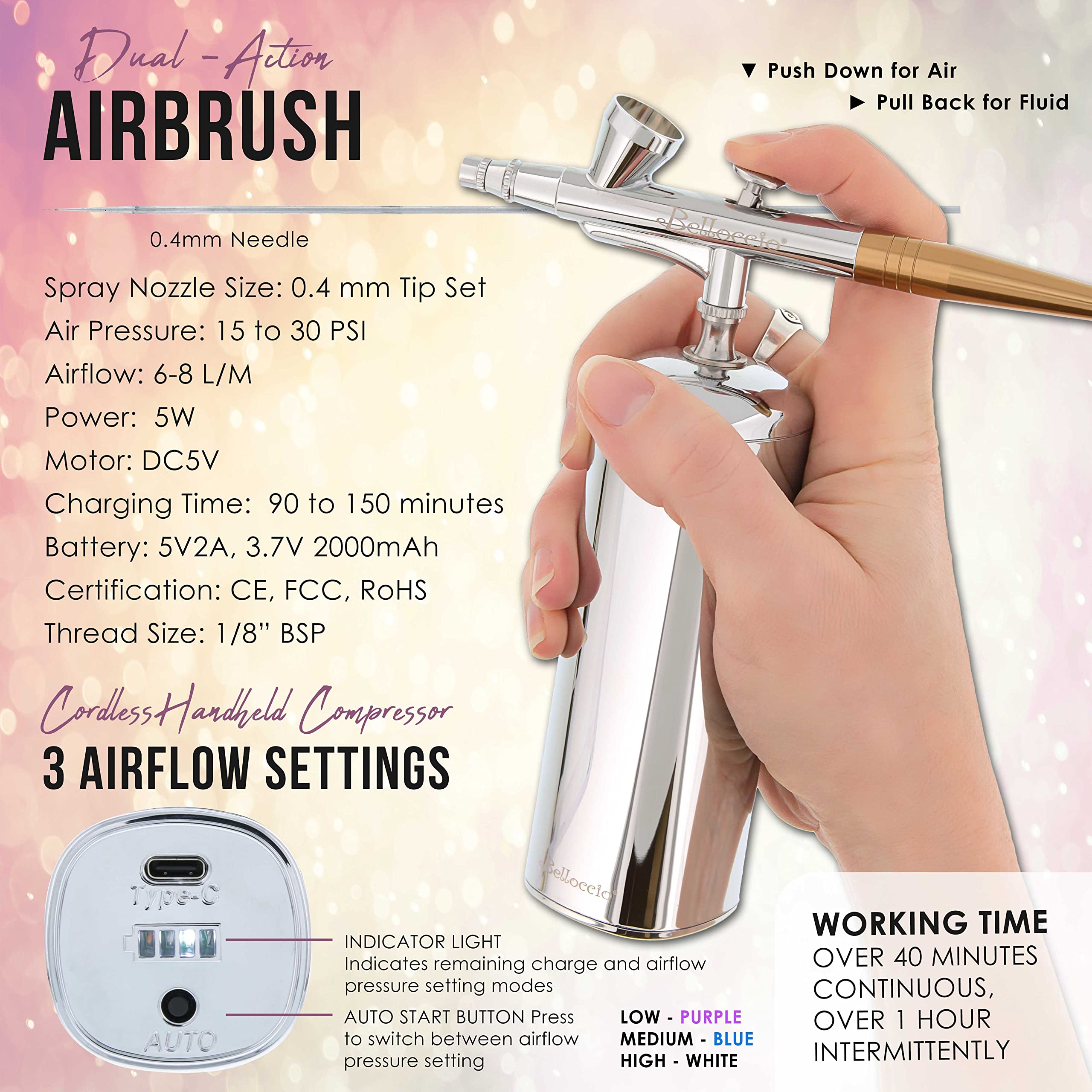 Belloccio Complete Cordless Handheld Airbrush Cosmetic Makeup System with 4 Fair Foundation Shades, Professional 18-Piece Kit, Moisturizing Primer, Blush, Bronzer, Highlighter, Concealer, User Guide