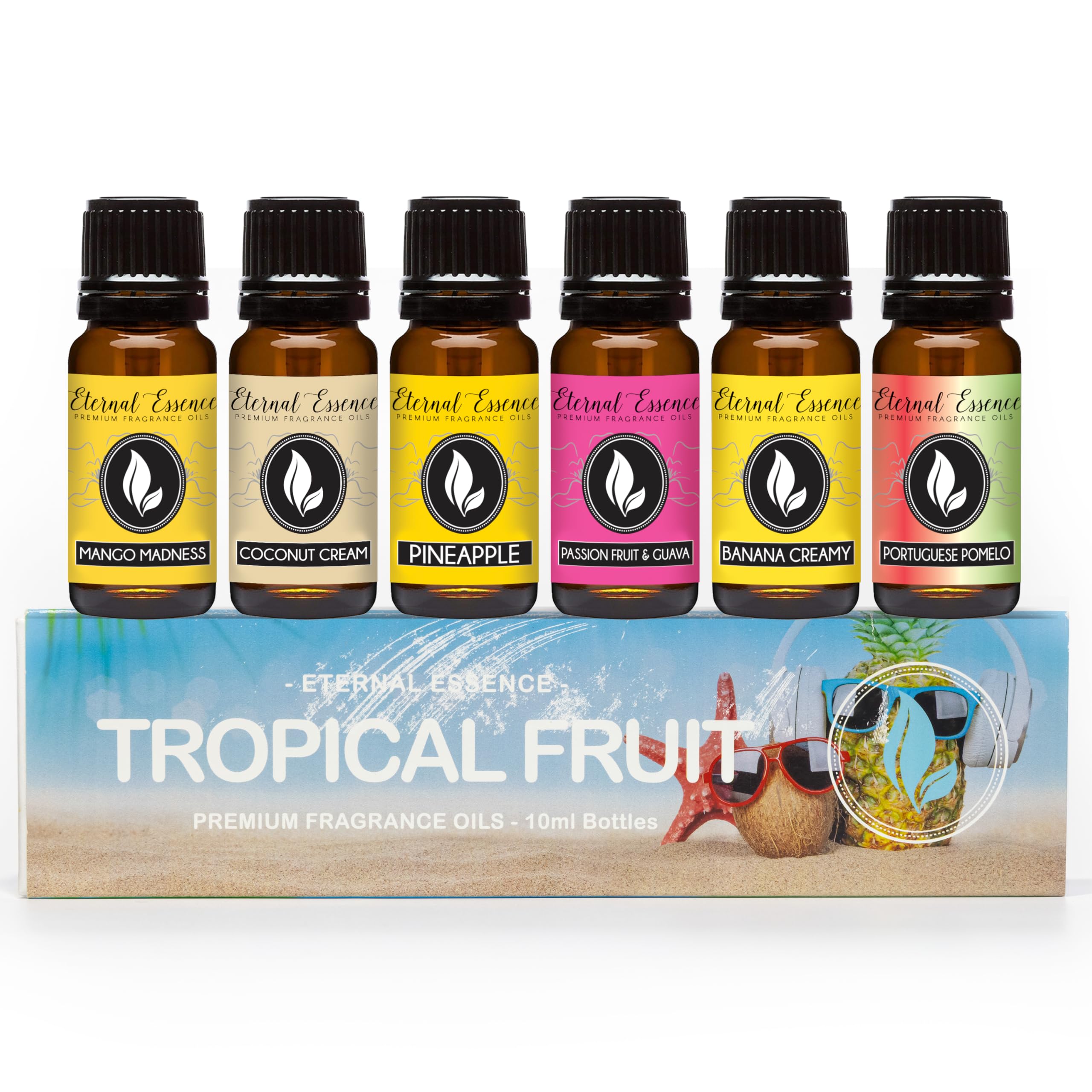 Eternal Essence Oils Tropical Fruit Set of 6 Premium Fragrance Oils - Includes Mango, Coconut Cream, Pineapple, Passion Fruit & Guava, Banana and Portuguese Pomelo Scented Oils - 10ML