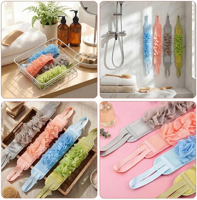 Acellegic 4 Pcs Exfoliating Back Scrubber for Shower Double Sided Exfoliating Washcloth with Strap Long Body Scrub Sponge Shower Loofah with Handle for Women Men Body Washing (Pastel Color)