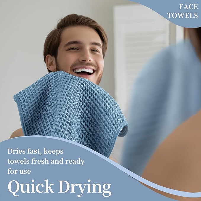 Microfiber Waffle Face Towels, 4 Pieces, Soft, Absorbent, Fast Drying, Lint Free 430 GSM (Blue)