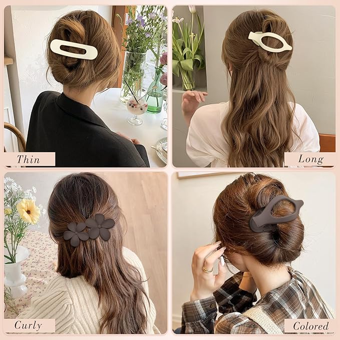 Obeoby 8 Pcs Flat Hair Clips for Women, 4 Types French Flat Claw Clips Hair Barrettes Accessories Large Medium (Beige, Dark Brown)