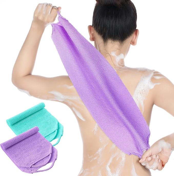 Back Scrubber for Shower Exfoliating Washcloth Back Cloth Body Extended Length Scrubber Towel Nylon Exfoliating Stretchable Pull Strap Wash Cloth for Bath Body Scrub Washcloth 2 Pack (Pink,White)