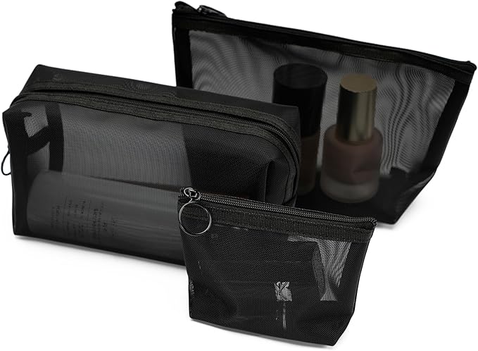 TOPASION Portable Mesh Makeup Bag with Zipper Small Travel Toiletry Bag Lightweight Cosmetic Pouch (Black 3 Piece Set)