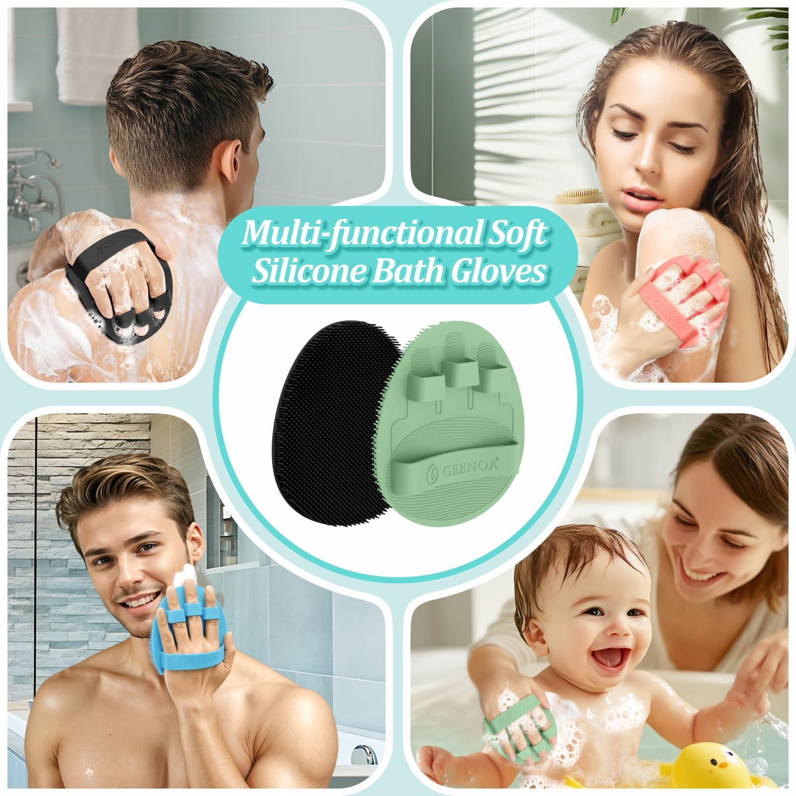 GEENOA New Silicone Body Scrubber 4PCS, 360° Anti-Slip & Enlarged Exfoliating Bath Glove for Rich Foaming Deep Cleaning, Revolutionary No-Grip & Hand-fit Shower Scrubber for All Skin Types.(4-Color)