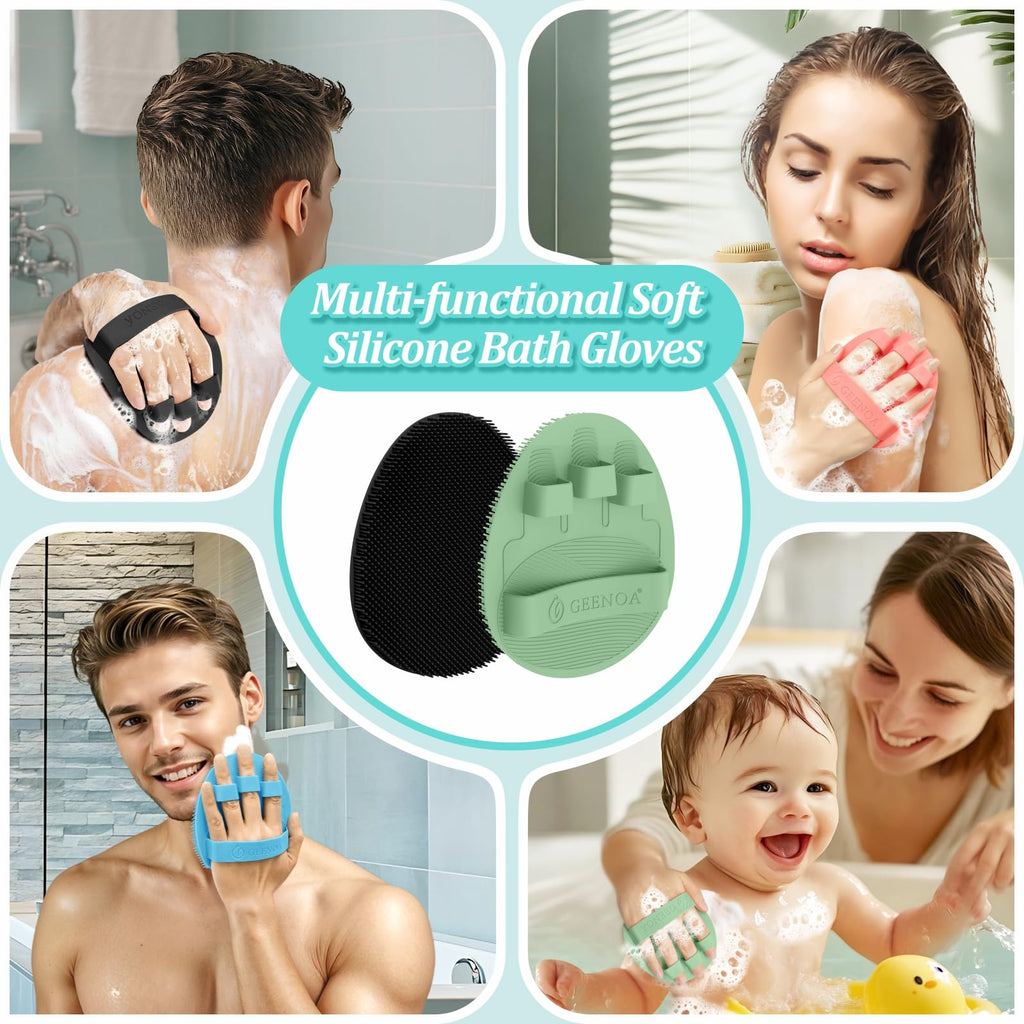 GEENOA New Silicone Body Scrubber 4PCS, 360° Anti-Slip & Enlarged Exfoliating Bath Glove for Rich Foaming Deep Cleaning, Revolutionary No-Grip & Hand-fit Shower Scrubber for All Skin Types.(4-Color)