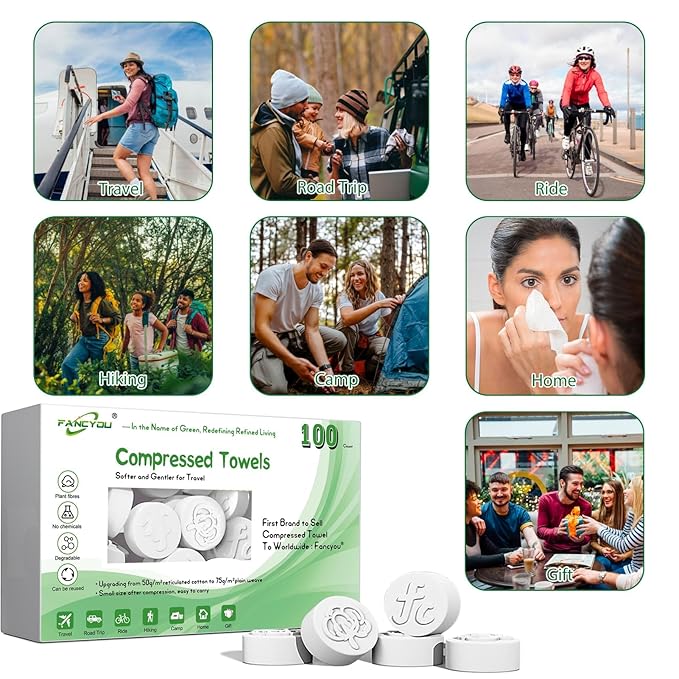 Fancyou Compressed Towel Tablets 100 Count, Disposable Face Towels for Travel, Thick Soft Washcloths, Compact Coin Tissues for Skin Care, Gym, Camping, Home, 9 x 7.8 in