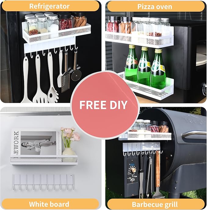 Rixordd 3-Pack Magnetic Spice Rack for Refrigerator, Moveable Shelf with 10 Hooks, Fridge Organizer for Kitchen Storage, White