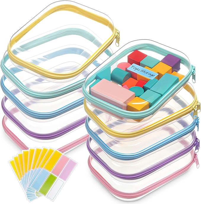 Sanwuta 10 Pcs Hard Zipper Case Clear Hard Pouches Plastic Zipper Pencil Portable Box Toy Storage Bins Plastic Container for Travel Toiletry Office Cosmetic Block Puzzle Organizer (S/m,Macaron Color)
