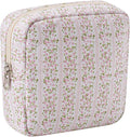 Small Quilted Cotton Makeup Bag for Purse, Cosmetic Bag with Compartments, Cotton Aesthetic Makeup Bag, Travel Toiletry Pouch, Lipstick Bag Card Holder Data Cable Organizer (16Striated Flower)
